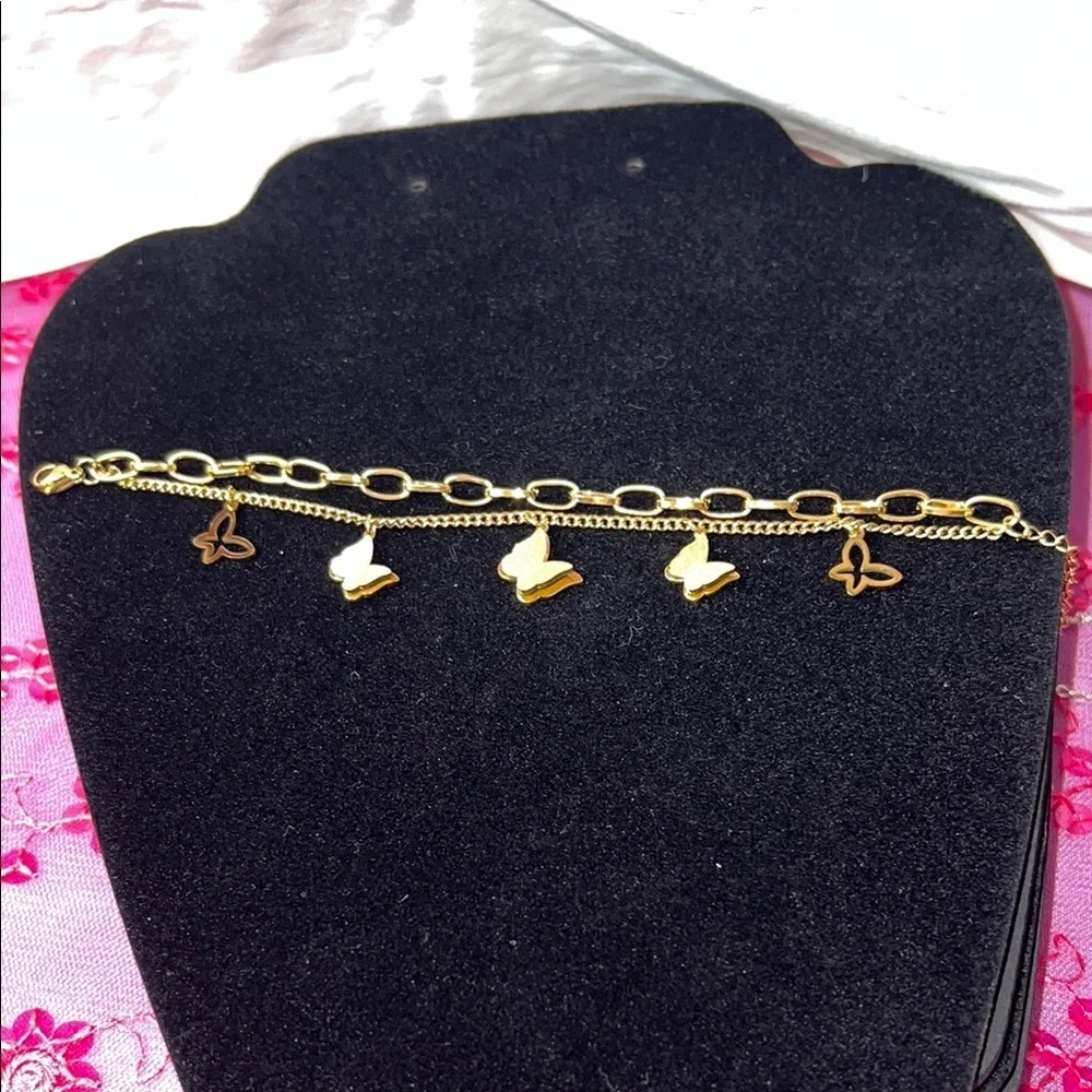 Premium 18K Gold Plated SS Double Chain Link and Butterflies Bracelet $49